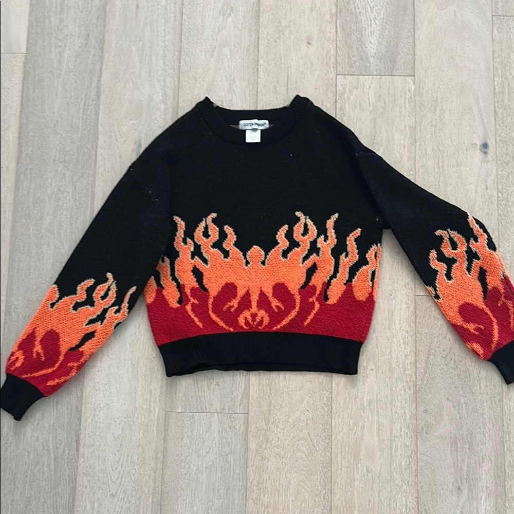 Cotton Emporium Flame Pattern Crew Neck Sweater Black and Orange
